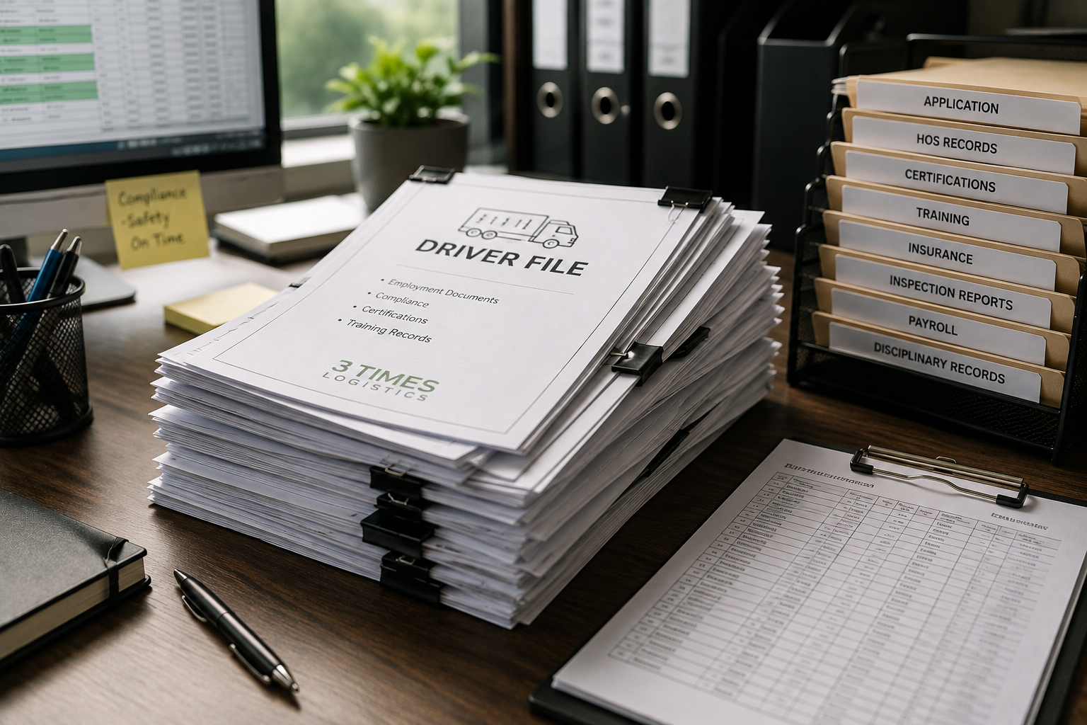 Organized driver file documentation and compliance records on a desk