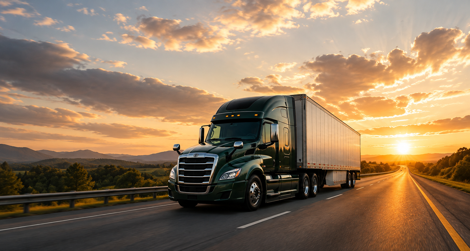 A 3 Times Logistics-affiliated freight truck driving on the highway at sunset